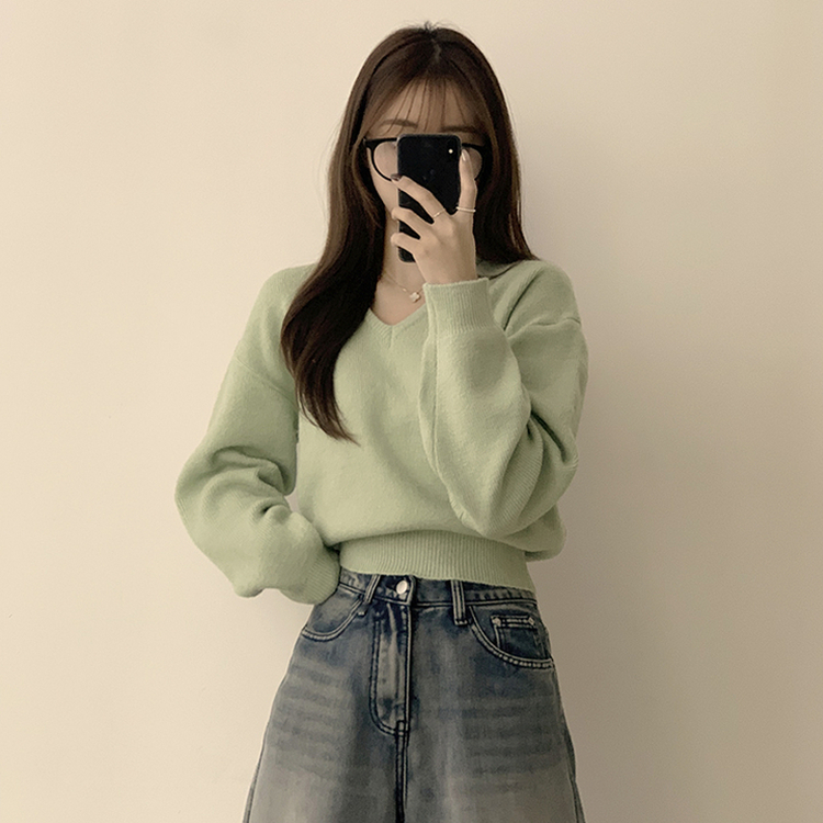 손이가요 손이가 겨울 폭닥 도톰 브이넥 긴팔 세미 크롭 니트 가을 상의 크리스마스 데일리 하객룩 겨울옷 10color 민트