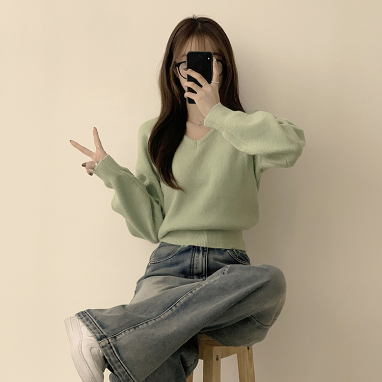 손이가요 손이가 겨울 폭닥 도톰 브이넥 긴팔 세미 크롭 니트 가을 상의 크리스마스 데일리 하객룩 겨울옷 10color 민트