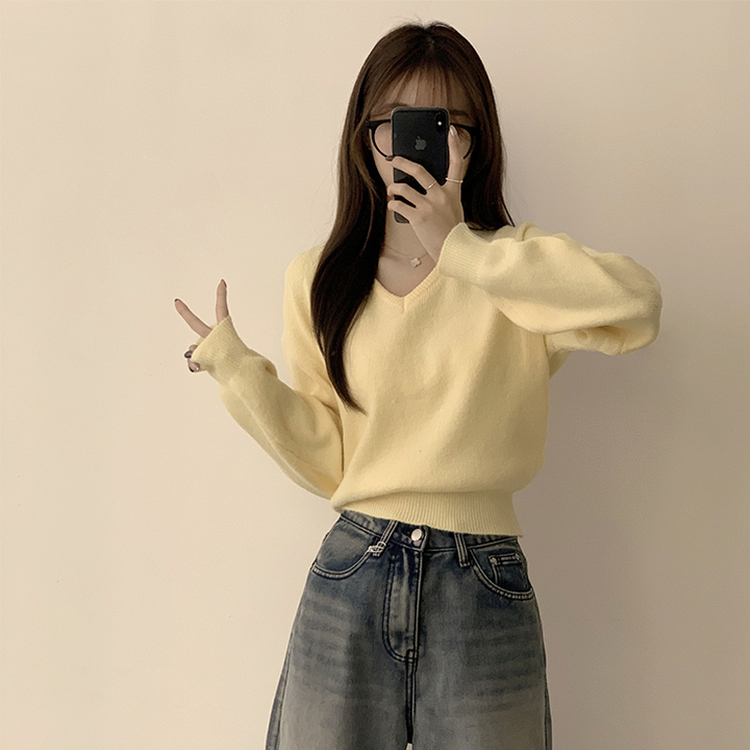 손이가요 손이가 겨울 폭닥 도톰 브이넥 긴팔 세미 크롭 니트 가을 상의 크리스마스 데일리 하객룩 겨울옷 10color 옐로우