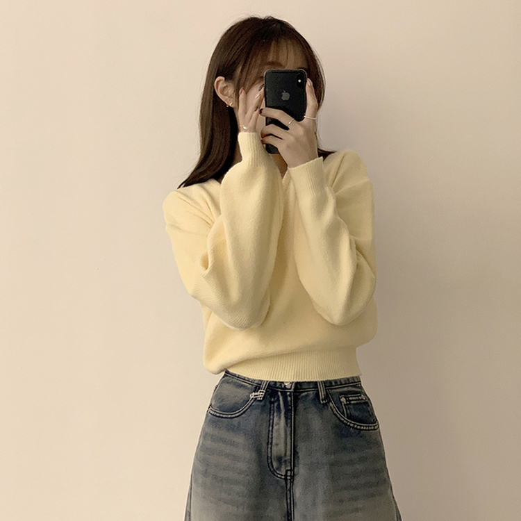 손이가요 손이가 겨울 폭닥 도톰 브이넥 긴팔 세미 크롭 니트 가을 상의 크리스마스 데일리 하객룩 겨울옷 10color 옐로우