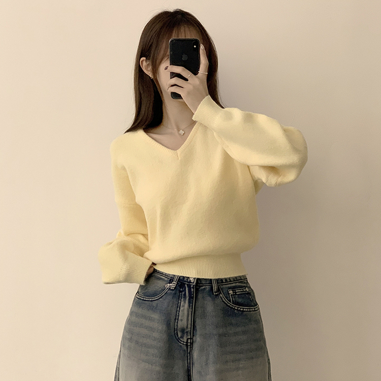 손이가요 손이가 겨울 폭닥 도톰 브이넥 긴팔 세미 크롭 니트 가을 상의 크리스마스 데일리 하객룩 겨울옷 10color 옐로우