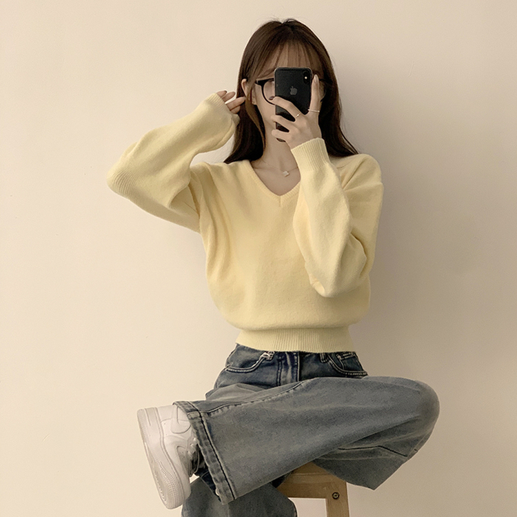 손이가요 손이가 겨울 폭닥 도톰 브이넥 긴팔 세미 크롭 니트 가을 상의 크리스마스 데일리 하객룩 겨울옷 10color 옐로우