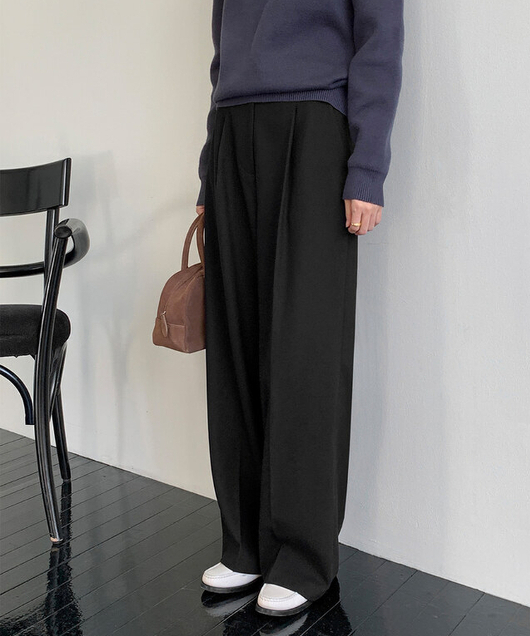 【丈別】【起毛】ダストピンタックロングワイドスラックス BLACK