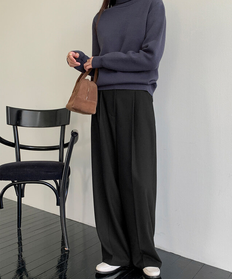 【丈別】【起毛】ダストピンタックロングワイドスラックス BLACK
