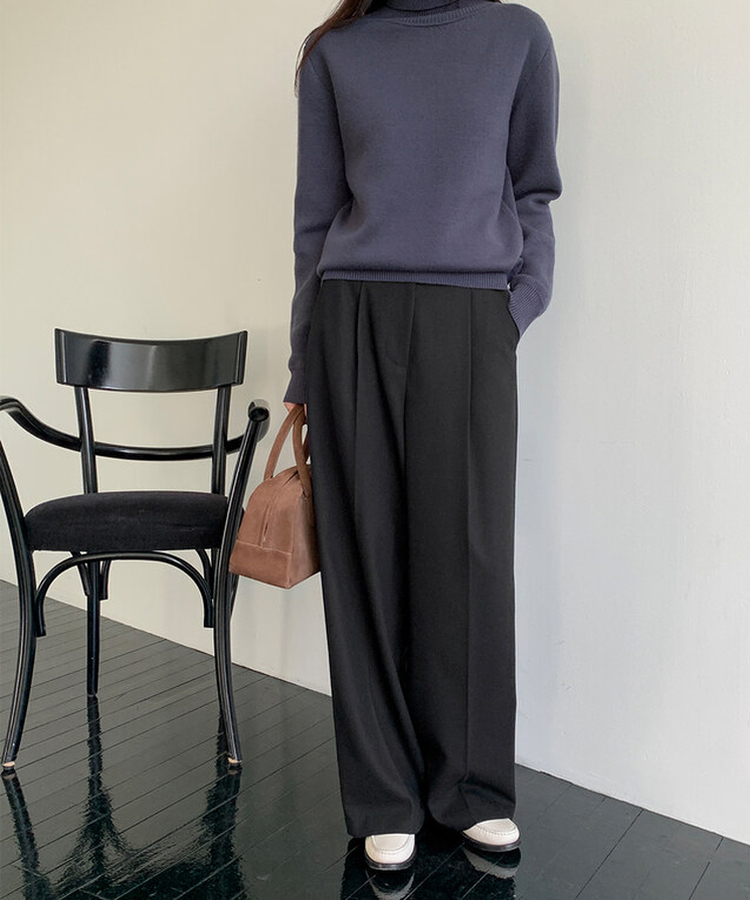 【丈別】【起毛】ダストピンタックロングワイドスラックス BLACK