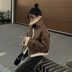 따뜻 스웨이드 크롭 버클 하이넥 무스탕 퍼카라 뽀글이자켓 세무 점퍼 밤색