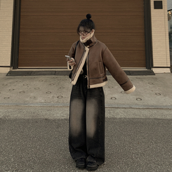 따뜻 스웨이드 크롭 버클 하이넥 무스탕 퍼카라 뽀글이자켓 세무 점퍼 밤색