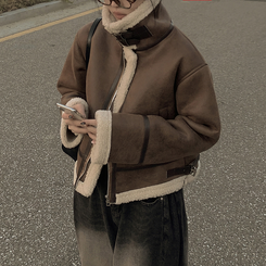 따뜻 스웨이드 크롭 버클 하이넥 무스탕 퍼카라 뽀글이자켓 세무 점퍼 밤색