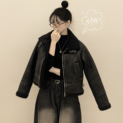 따뜻 스웨이드 크롭 버클 하이넥 무스탕 퍼카라 뽀글이자켓 세무 점퍼 블랙