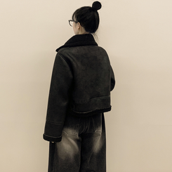 따뜻 스웨이드 크롭 버클 하이넥 무스탕 퍼카라 뽀글이자켓 세무 점퍼 블랙