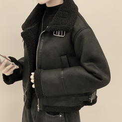 따뜻 스웨이드 크롭 버클 하이넥 무스탕 퍼카라 뽀글이자켓 세무 점퍼 블랙