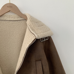 따뜻 스웨이드 크롭 버클 하이넥 무스탕 퍼카라 뽀글이자켓 세무 점퍼