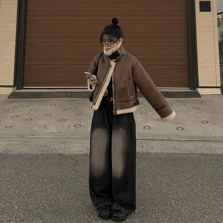 따뜻 스웨이드 크롭 버클 하이넥 무스탕 퍼카라 뽀글이자켓 세무 점퍼 밤색