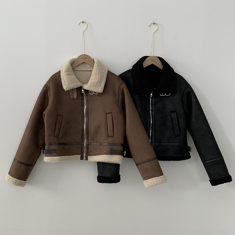 따뜻 스웨이드 크롭 버클 하이넥 무스탕 퍼카라 뽀글이자켓 세무 점퍼