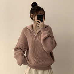 카라멜 오버핏 데일리 겨울 긴팔 반집업 니트 루즈핏 캐주얼 빈티지 빅사이즈 맨투맨 5color 핑크