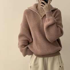 카라멜 오버핏 데일리 겨울 긴팔 반집업 니트 루즈핏 캐주얼 빈티지 빅사이즈 맨투맨 5color 핑크