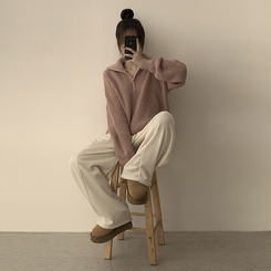 카라멜 오버핏 데일리 겨울 긴팔 반집업 니트 루즈핏 캐주얼 빈티지 빅사이즈 맨투맨 5color 핑크