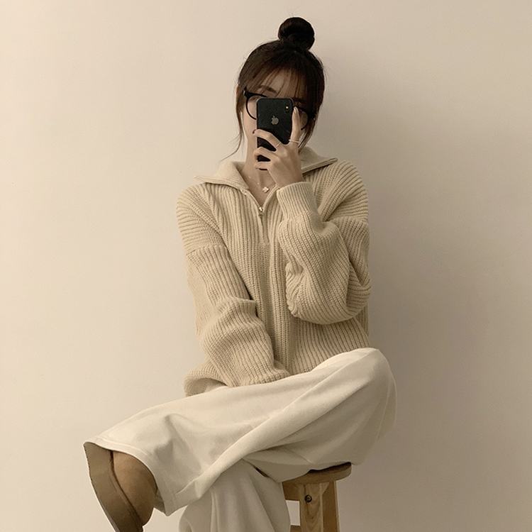 카라멜 오버핏 데일리 겨울 긴팔 반집업 니트 루즈핏 캐주얼 빈티지 빅사이즈 맨투맨 5color 크림