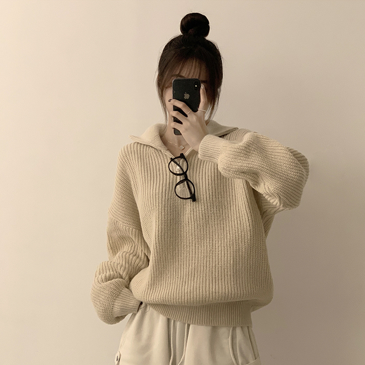 카라멜 오버핏 데일리 겨울 긴팔 반집업 니트 루즈핏 캐주얼 빈티지 빅사이즈 맨투맨 5color 크림