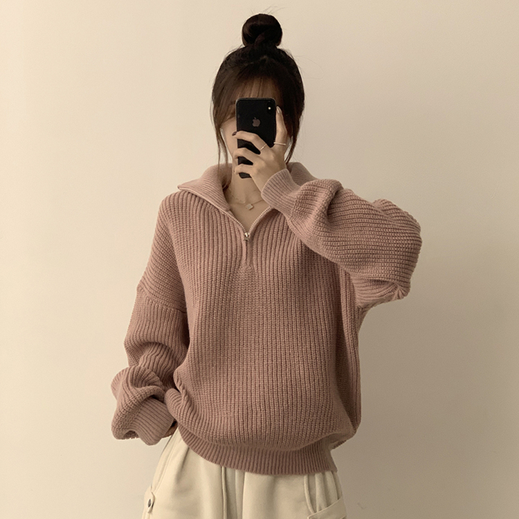 카라멜 오버핏 데일리 겨울 긴팔 반집업 니트 루즈핏 캐주얼 빈티지 빅사이즈 맨투맨 5color 핑크