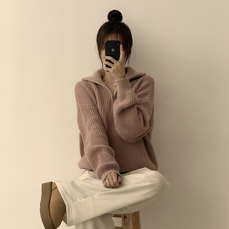 카라멜 오버핏 데일리 겨울 긴팔 반집업 니트 루즈핏 캐주얼 빈티지 빅사이즈 맨투맨 5color 핑크