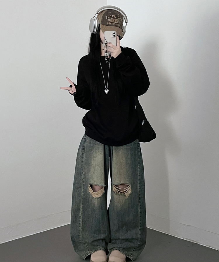 절개무지오버핏맨투맨 블랙