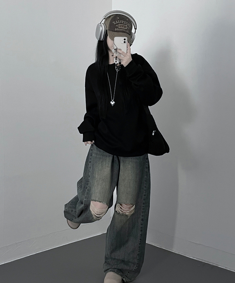 절개무지오버핏맨투맨 블랙