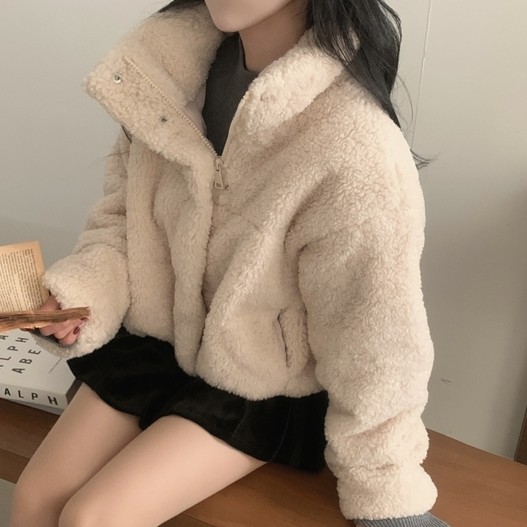 헤비 양털 뽀글이 하이넥 크롭패딩 집업