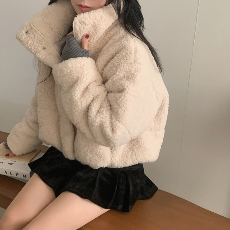 헤비 양털 뽀글이 하이넥 크롭패딩 집업