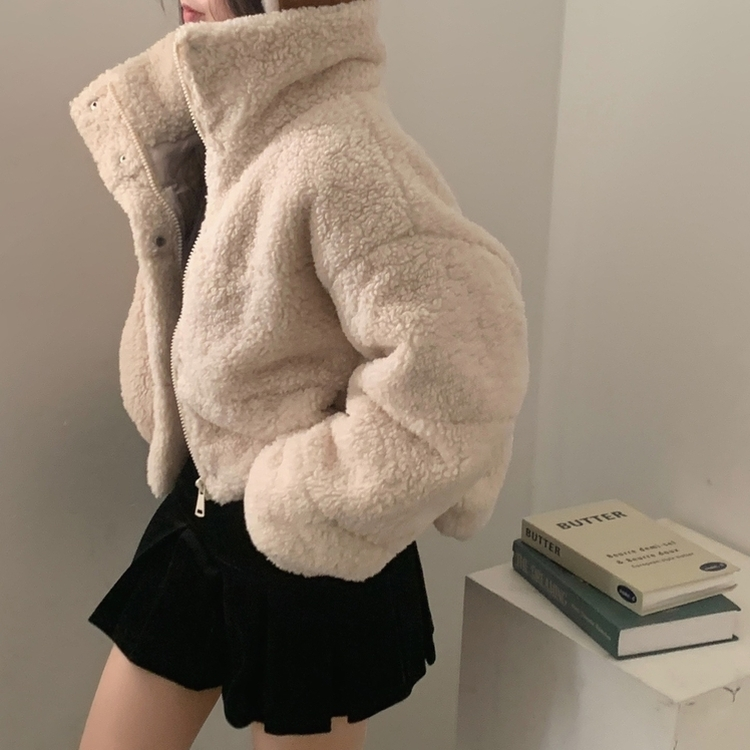 헤비 양털 뽀글이 하이넥 크롭패딩 집업