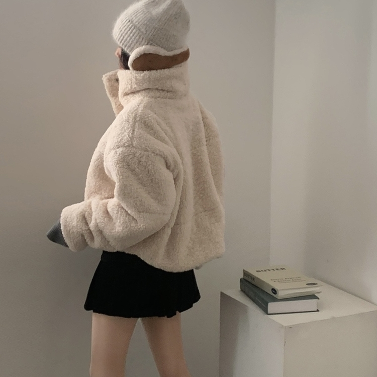 헤비 양털 뽀글이 하이넥 크롭패딩 집업