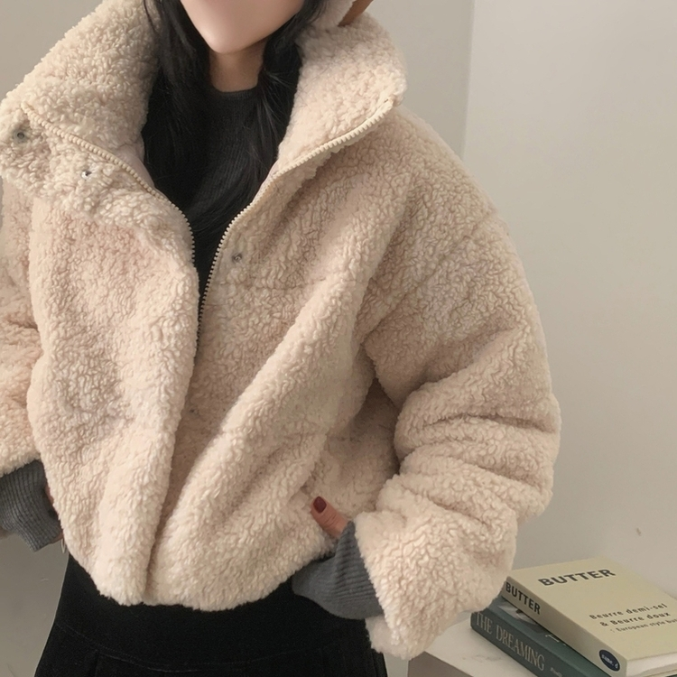 헤비 양털 뽀글이 하이넥 크롭패딩 집업