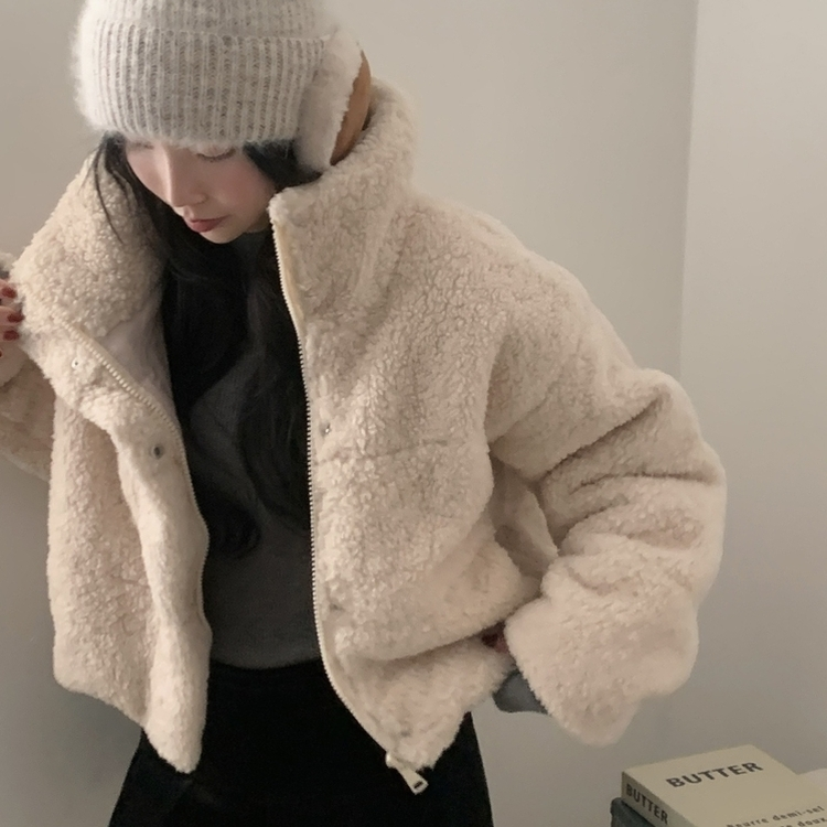 헤비 양털 뽀글이 하이넥 크롭패딩 집업