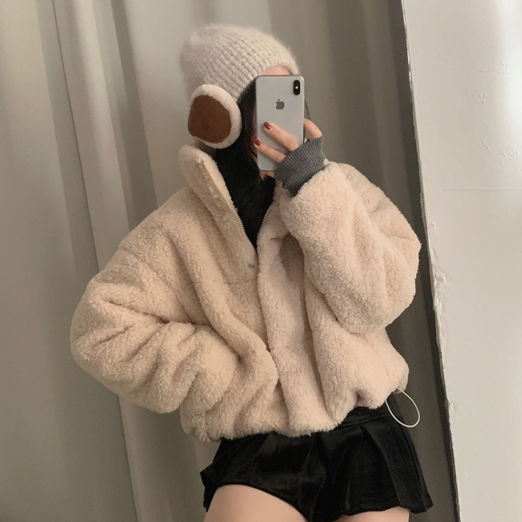 헤비 양털 뽀글이 하이넥 크롭패딩 집업