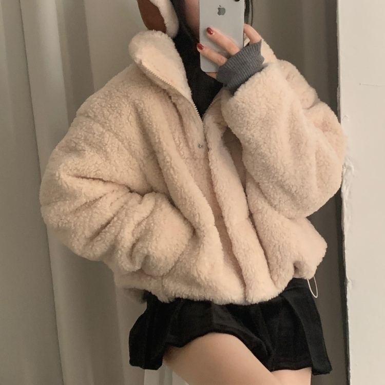 헤비 양털 뽀글이 하이넥 크롭패딩 집업