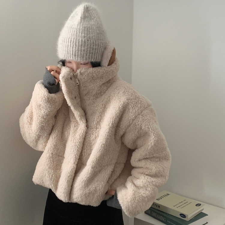 헤비 양털 뽀글이 하이넥 크롭패딩 집업