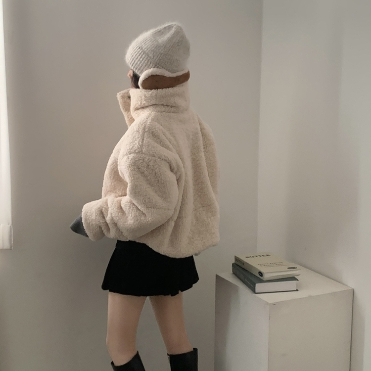 헤비 양털 뽀글이 하이넥 크롭패딩 집업