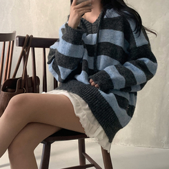 オーシャンストライプパーカーニット BLUE