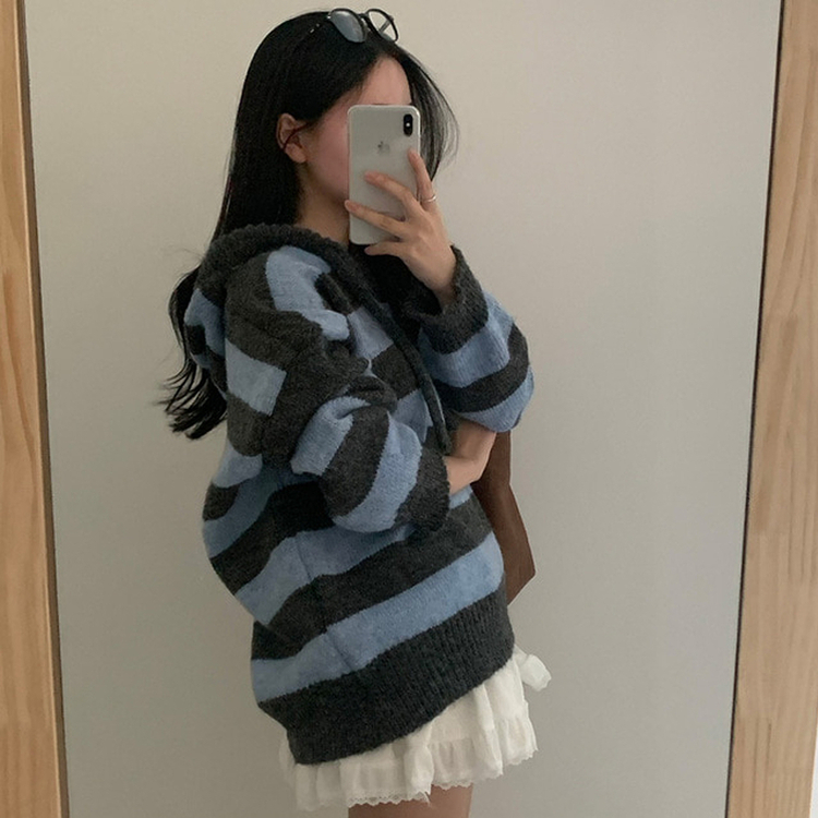 オーシャンストライプパーカーニット BLUE