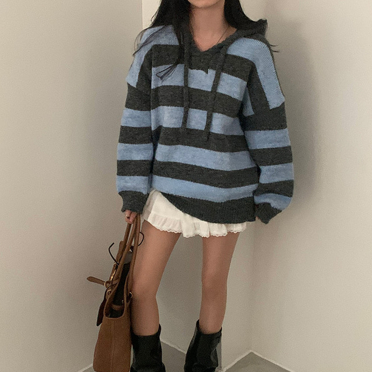 オーシャンストライプパーカーニット BLUE