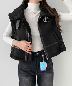 전체 양털기모 하이넥 버클 무스탕 조끼 베스트 블랙