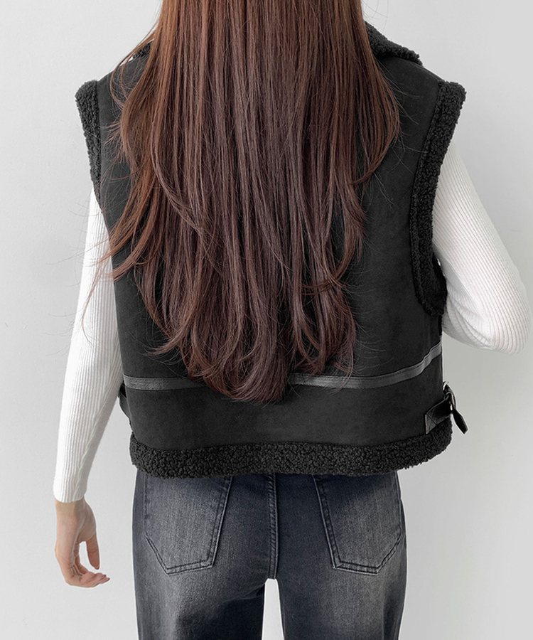 전체 양털기모 하이넥 버클 무스탕 조끼 베스트 블랙
