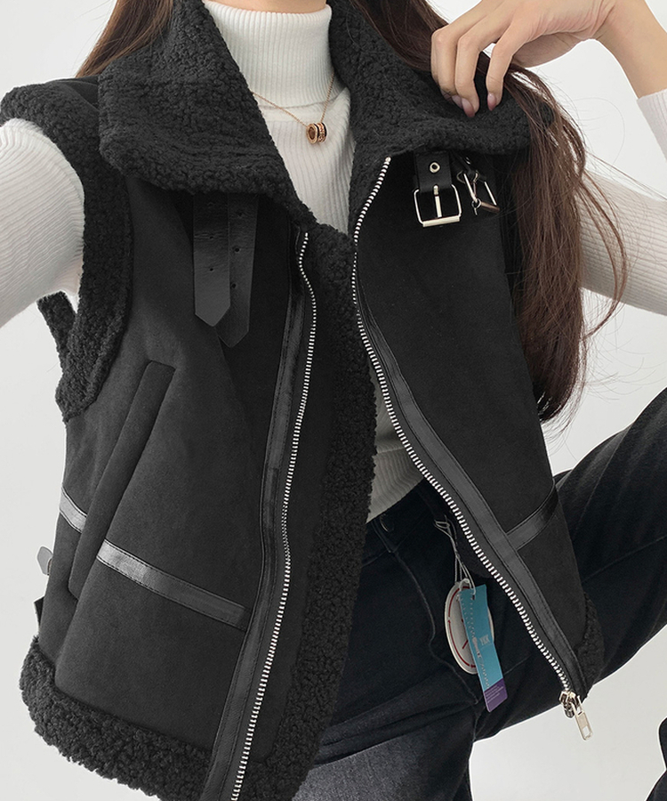 전체 양털기모 하이넥 버클 무스탕 조끼 베스트 블랙