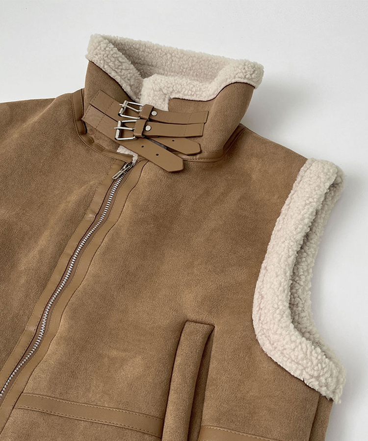 전체 양털기모 하이넥 버클 무스탕 조끼 베스트