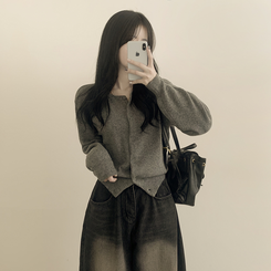 기본가디건 라운드 세미크롭 아방핏 니트가디건 다크그레이