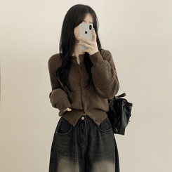 기본가디건 라운드 세미크롭 아방핏 니트가디건 브라운