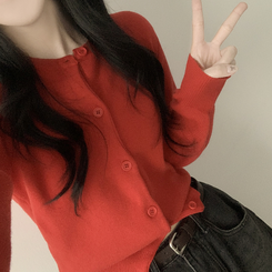 기본가디건 라운드 세미크롭 아방핏 니트가디건 레드