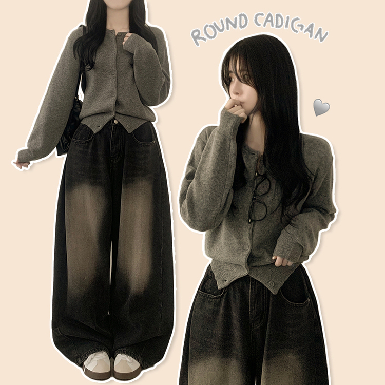 ラウンドセミクロップニットカーディガン(10color) DARK GRAY