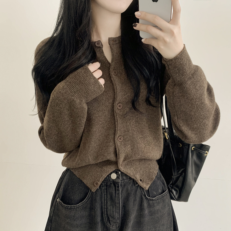 ラウンドセミクロップニットカーディガン(10color) BROWN