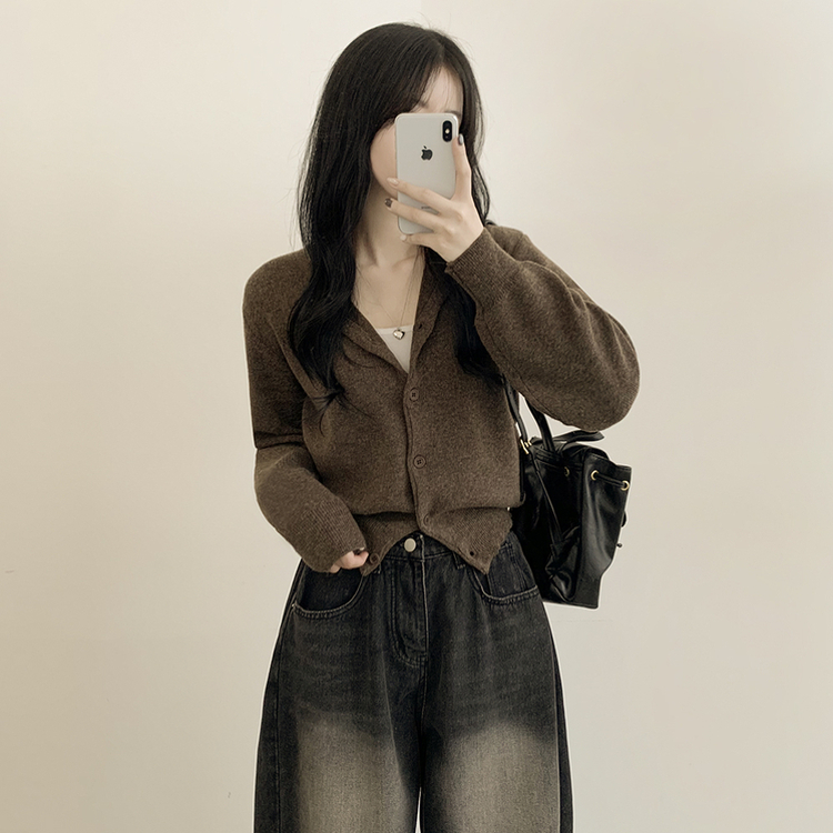 ラウンドセミクロップニットカーディガン(10color) BROWN